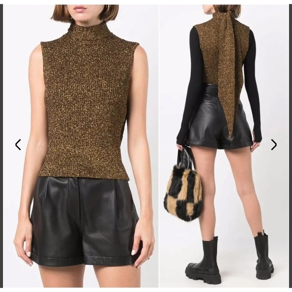 GANNI Gold Metallic Lurex Ribbed Knit Sleeveless Tie Neck Top Blouse XS Italy